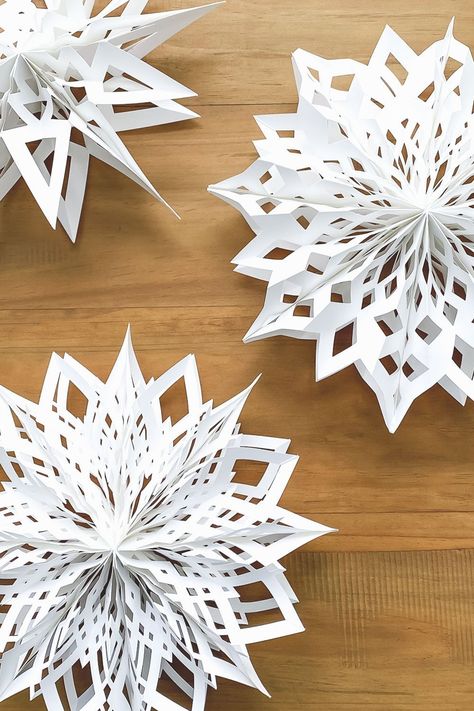 3D Paper Snowflakes: 6 Templates & Video Tutorial 3d Snowflakes Cricut, Diy Paper Snowflakes Decorations, Paper Snowflakes Diy 3d, Intricate Paper Snowflakes, How To Make 3d Snowflakes Out Of Paper, White Paper Snowflakes, 3d Paper Snowflake Patterns Templates, 3 D Snowflakes Diy, 3d Snowflake Svg Free Cricut