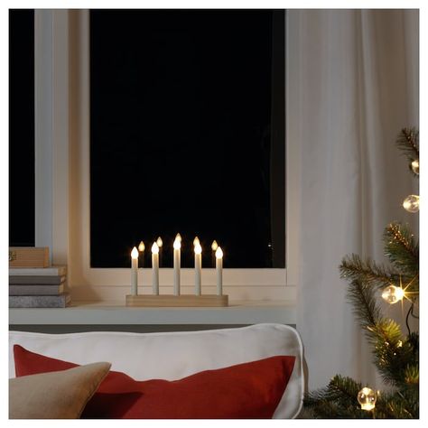 STRÅLA LED 5-arm candelabra - battery operated, pine - IKEA Ikea Window, Solar Powered Lamp, Aesthetic Light, Electric Candles, Rope Lights, Winter Light, Ikea Family, Outdoor Christmas Lights, Christmas Window