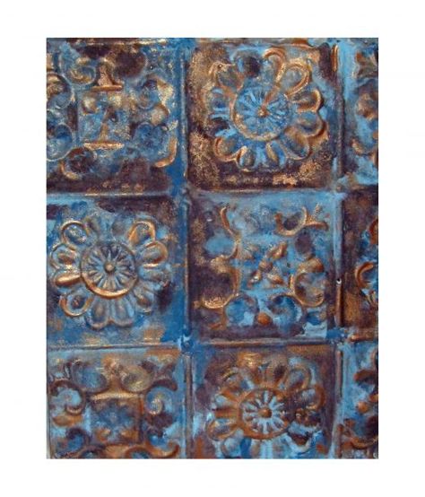 Ceiling Tile painted with white primer, followed by three colors, brown, teal & copper.  Love the copper accents. Ceiling Tiles Art, Ceiling Tiles Painted, Tile Art Projects, Antique Ceiling Tile, How To Make Soap, Ceiling Tin, Pressed Tin, Make Soap, Faux Tin