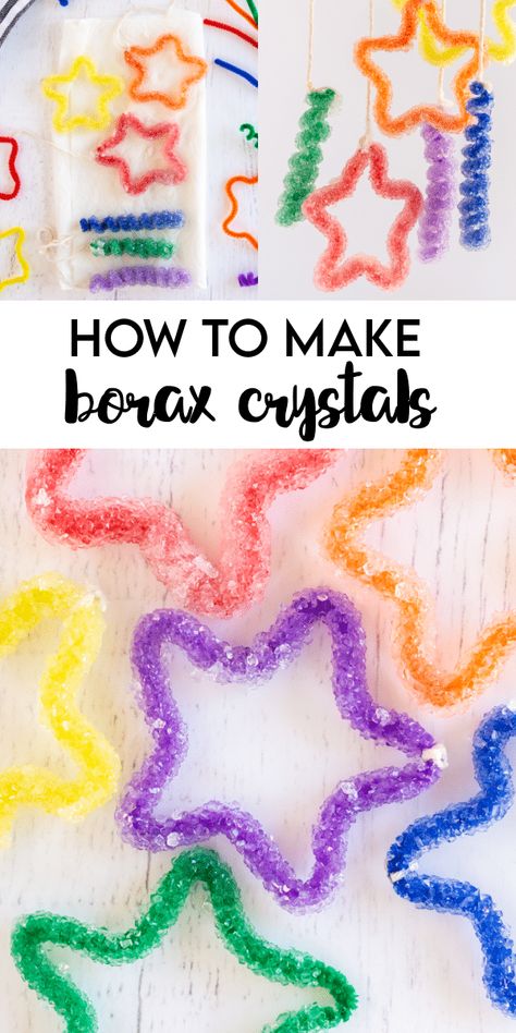 Growing Borax Crystals, Borax Pipe Cleaner Crystals, Grow Crystals For Kids, Crystal Making For Kids, How To Make Borax Crystals, Diy Borax Crystals, Crafts With Pipe Cleaners For Kids, Non Messy Crafts For Kids, What To Make With Pipe Cleaners