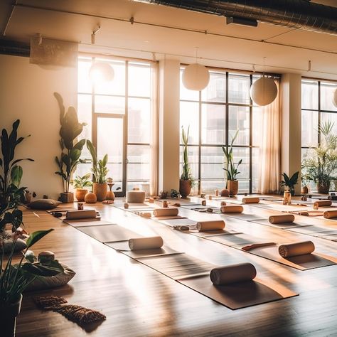 Boho Fitness Studio, Boho Yoga Studio Design, Yoga Studio Mood Board, Earthy Yoga Studio, Yoga Studios Design, Yoga Studio Plants, Colorful Yoga Studio, Boho Yoga Studio, Yoga Studio Reception