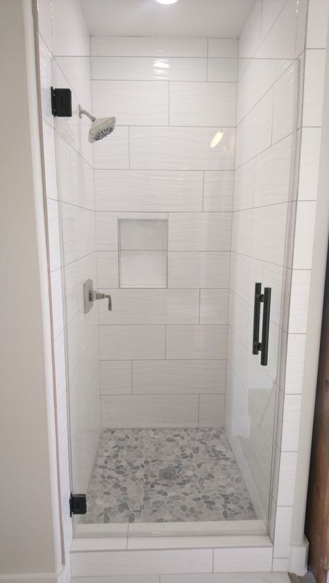 Small Stall Shower Remodel, Small Standup Shower Remodel, Small Shower Large Tile, Standing Tile Shower Ideas, Small Restroom Shower Ideas, Bathroom With Shower Insert, Large Tile Small Shower Ideas, Small Tiled Showers Walk In, Stall Shower Bathroom Ideas