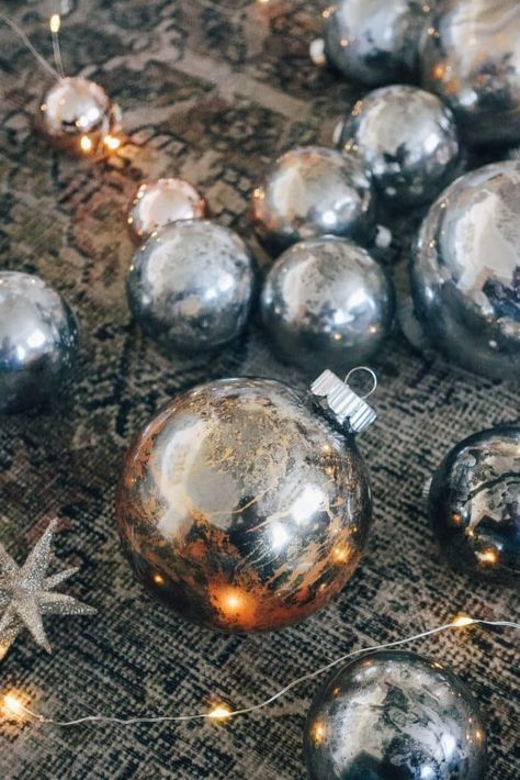 DIY Mercury Glass Ornaments: Easy, Recycled, and Unique Glass Ornaments Ideas Diy Mercury Glass Ornaments, Looking Glass Paint, Glass Ornaments Diy, Church Christmas Decor, Mercury Glass Diy, Clear Glass Ornaments, Tree Inspiration, Ornaments Ideas, Mercury Glass Christmas Ornaments