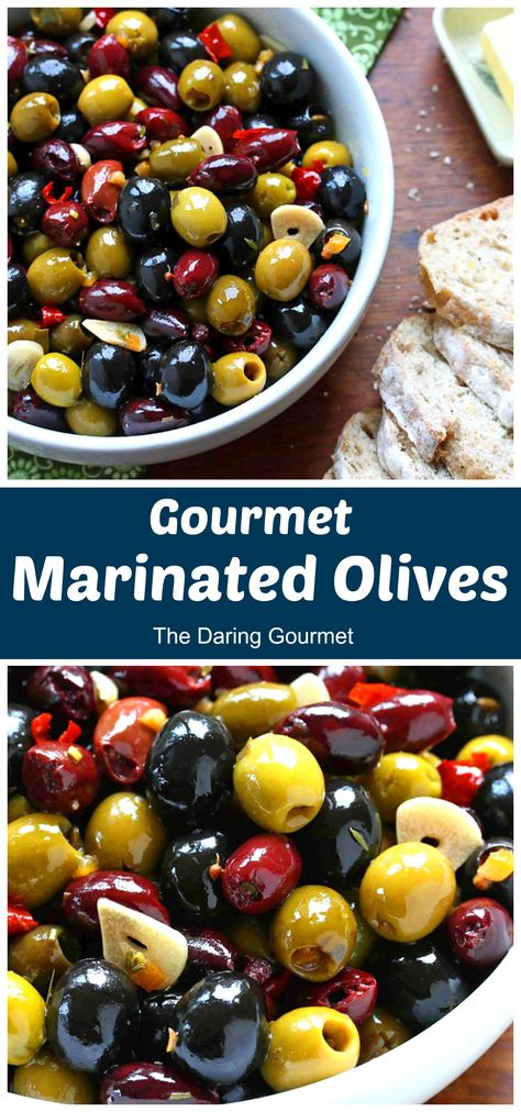 Perfect for entertaining and snacking, these delicious marinated olives will serve as a beautiful addition to your next gathering! And they also make elegant and tasty gifts! Daring Gourmet, Olive Recipes Appetizers, Marinated Feta, Marinated Cheese, Pickled Foods, Marinated Vegetables, Marinated Olives, Olive Salad, Classy Gifts