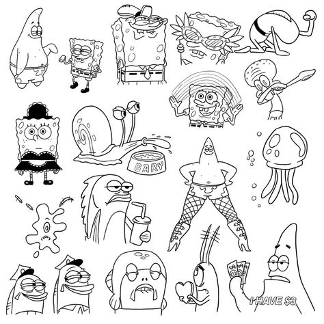 Cartoon Tattoo Ideas Sketches, Spooky Cartoon Tattoos, Flash Art Tattoo Simple Cute, Tattoo Stencils Cartoon, Funny Cartoon Tattoo Ideas, Mini Filler Tattoo, Cartoon Character Tattoo Design, Easy Patterns To Draw Doodles, Funny Cartoon Tattoos