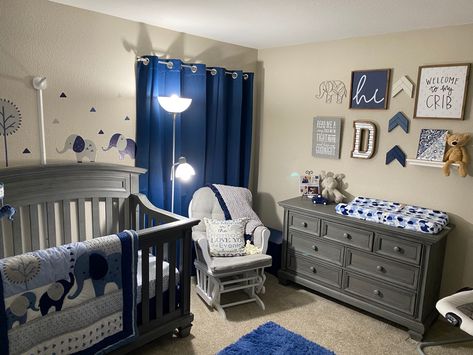 Navy Blue Woodland Nursery, Nursery Ideas Elephant Theme, Baby Boy Crib Ideas, Cute Nursery Ideas Boy, Baby Boy Nursery Blue And Gray, Newborn Boy Room Ideas, Baby Boy Rooms Decor Ideas, Blue And Grey Nursery Boy, Dark Blue Nursery Boy