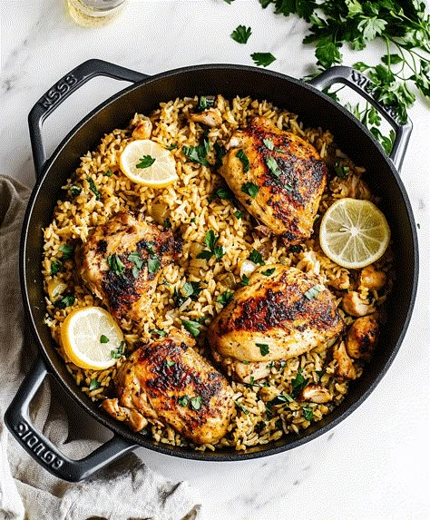 One Pot Chicken And Rice Recipe One Pot Chicken Legs And Rice, One Pot Chicken And Rice Healthy, Dutch Oven Chicken And Rice Recipes, Chicken Rice Skillet Recipes, Chicken And Rice Pilaf Recipes, One Pot Rice And Chicken, One Pot Chicken Thigh Recipes, Rice Beans And Chicken, One Pot Meals Chicken