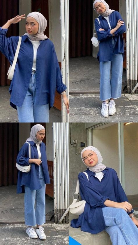 How To Style Blue Shirt, Outfit Navy Hijab, Outfit Jeans Biru, Casual Ootd Women, Ootd Ngampus Hijab, Denim Outfit Hijab, Blue Outfit Hijab, Ootd Bukber, College Outfits Hijab