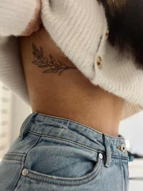 Rib Olive Branch Tattoo, Leaf Side Tattoo, Olive Branch Tattoo Ribcage, Rib Leaf Tattoo, Olive Branch Back Tattoo, Rib Vine Tattoo, Rib Plant Tattoo, Double Rib Tattoo, Olive Branch Tattoo Ribs