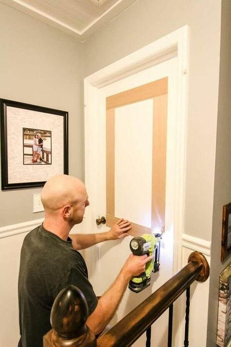 The boring, flat panel interior doors were really dating our home. However, I didn't want to spend the money to replace them all. So, we decided to use plywood to give them the effect of molding. Cut 1/4" plywood into strips. You'll have to do math to determine the size that you want the boxes to be on each door. Check your math 3 times because we sure did mess it up! Draw a diagram for best results, and then tape the design onto the door to be sure. There's more details on that proces… Interior Doors Diy, Update Interior Doors, Flat Panel Interior Doors, Interior Door Makeover, Pintu Interior, Diy Interior Doors, Stained Trim, Flat Panel Doors, Door Makeover Diy