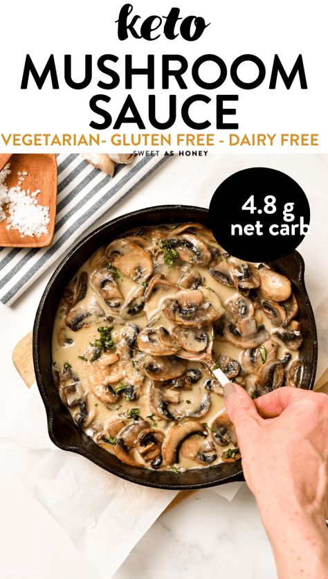 This Easy Creamy Mushroom sauce is a French inspired low-carb sauce recipe perfect to add on top of steak, grilled chicken breast or steamed vegetables. Plus, this creamy mushroom sauce made without cornstarch and thickened with Cream cheese and Parmesan. Mushroom Sauce For Chicken, Keto Sauce, Vegetarian Sauces, Keto Mushrooms, Pumpkin Pasta Sauce, Steak Grilled, Mushroom Sauce Recipe, Meal Planning Recipes, Steamed Veggies