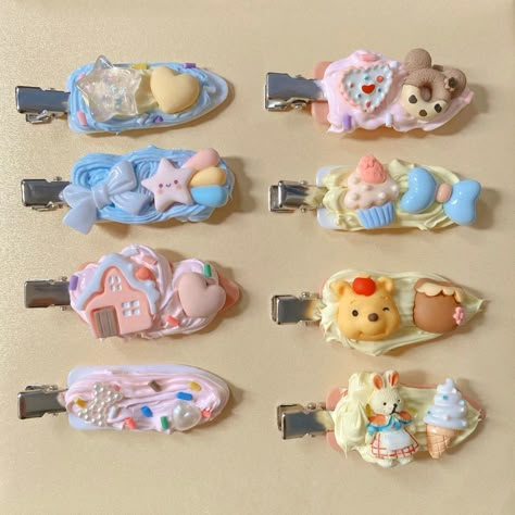 Cream Clip Handmade, Cream Glue Hair Clips, Kawaii Hair Pins, Cream Glue Keychain, Cream Glue Ideas, Cream Glue Diy, Decoden Hair Clips, Diy Resin Hair Clips, Hairclip Ideas