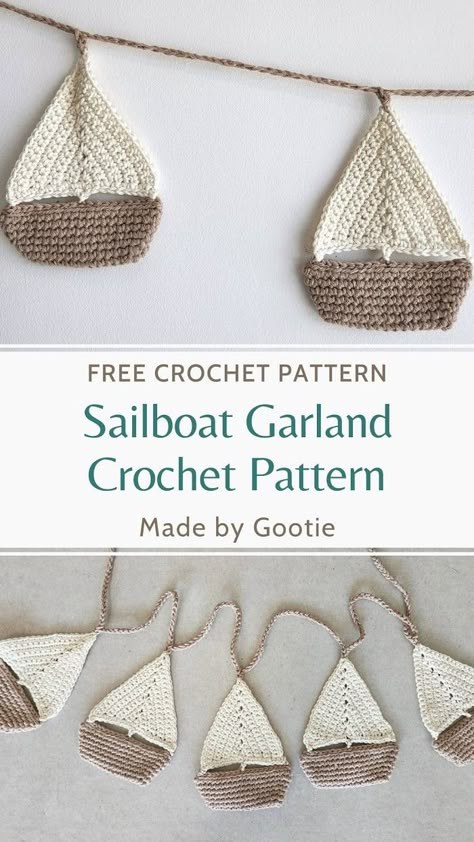 Easy Crochet Boat Pattern - Made by Gootie Crochet Bunting Pattern, Garland Crochet Pattern, Crochet Boat, Sailboat Wall Decor, Boat Pattern, Garland Crochet, Crochet Applique Patterns, Bunting Pattern, Crochet Applique Patterns Free