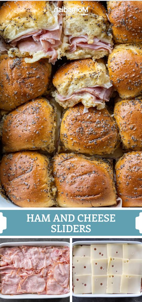 These ham and cheese sliders consist of Hawaiian rolls filled with ham, Swiss cheese, and a Dijon mustard sauce. They make a great after-school snack that kids will love! Ham And Cheese Sliders With Cream Cheese, Ham And Cheese Sliders Crockpot, Ham And Cheese Sliders No Mayo, Ham And Swiss Sliders Dijon Mustard, Hawaiin Bread Sliders Ham And Cheese, Hawaiian Sandwiches Recipes Ham Sliders, Overnight Ham And Cheese Sliders, Best Damn Ham Sandwiches, H And Cheese Sliders