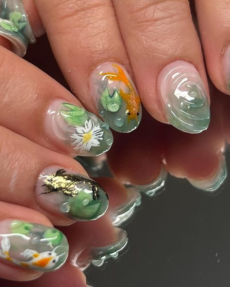 Koi fishies in a pond 🪷 Koi Fish Nail Design, Koi Pond Nails, Water Inspired Nails, Pond Nails, Koi Fish Nails, Airy Fairy, Fish Nails, Fairy Nails, Closet Diy