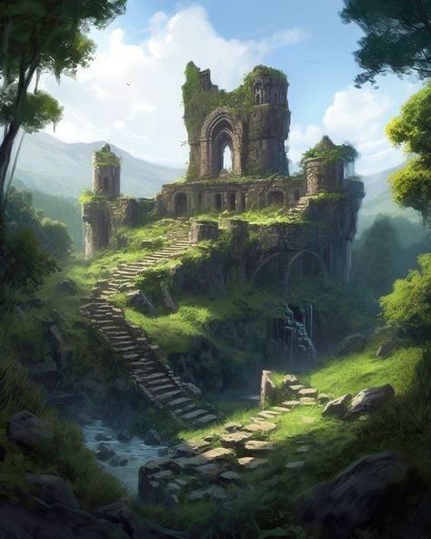 Ruins Landscape Fantasy Art, Fantasy Mountain Village Concept Art, Fantasy Concept Art Landscape, Forest Ruins Fantasy Art, Castle Ruins Fantasy Art, Fantasy Setting Art, Ruined Castle Fantasy Concept Art, Fantasy Ruins Art, Fantasy Kingdom Concept Art