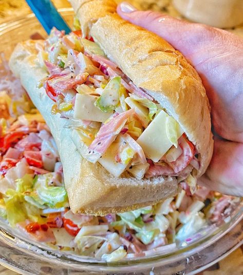 Italian Sub Chop Sandwiches - The Tipsy Housewife Pool Party Main Dish, Tik Tok Sandwich Recipe, The Tipsy Housewife Recipes, Sub Sandwich Salad, Cookout Food Ideas, Tipsy Housewife Recipes, New York Recipes, Hoagie Dip, Italian Sandwich Recipes