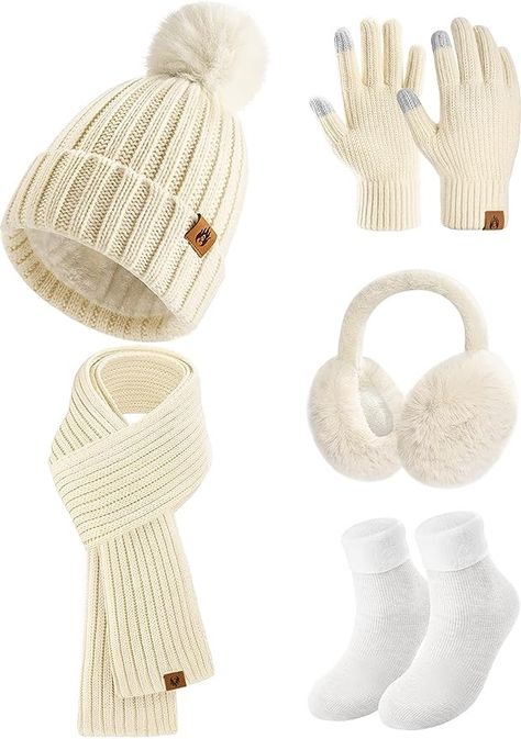 Niwicee Knitted Hat and Scarf Set 5 PCS Ski Outing Set Winter Plush Ear warmers Warm Long Scarf Beanie Hat and Touch Screen Gloves Set Women Thermal Socks for Skiing Hat Outdoor Sports Winter Necessities, Thrifting Ideas, Winter Outfit Ideas For Women, Latest Winter Fashion, Women Winter Outfits, Winter Items, Hats Beanie, Diy Beaded Bracelets, Winter Fashion Trends