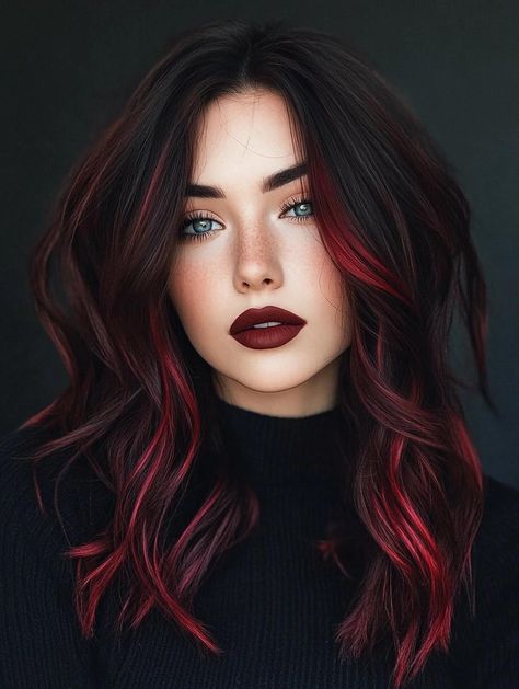 Dark Face Frame Hair, Professional Vibrant Hair, Black And Orange Balayage, Hair Colors For Green Eyes And Tan Skin, Black And Red Hair Color Ideas, Burgundy Hair Shadow Root, Red Dye Over Black Hair, Short Black Hair With Copper Highlights, Black With Red Money Piece