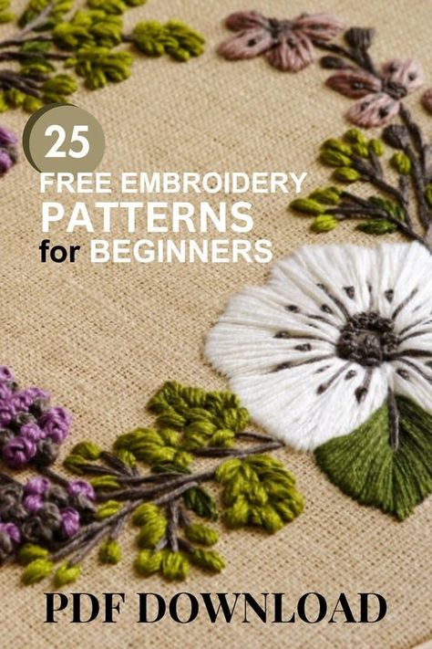 Embroidery Guide For Beginners, Embroidery Flowers Pattern Templates Free Printable Flowers, Embroidery Patterns Flowers Simple, Embroidery Flowers Templates, Hand Embroidery Floral Patterns, Embroidery Ideas For Beginners Free Pattern, Embroidery Beginner Pattern Free, Zenbroidery Ideas, Plant Embroidery Pattern Free