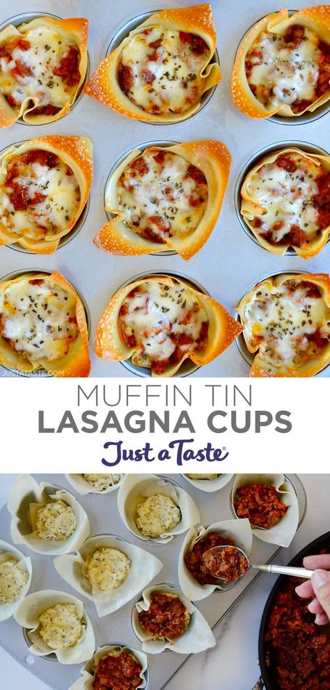 Top image: A top-down view of lasagna cups in a muffin tin. Bottom image: A hand holding a spoon containing lasagna sauce adds sauce atop wonton cups containing a cheese mixture. Lasagna Noodle Appetizers, Lasagna Roll Ups In Muffin Tin, Pepperoni Lasagna Cups, Easy Lasagna Cups, Muffin Tin Lasagna, Lasagna Stuffed Shells In Muffin Pan, Lasagna Appetizer Appetizers, Lasagna Cups Recipe, Muffin Tin Lasagna Cups