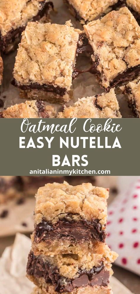 These Nutella bars are an easy dessert made with a chewy oatmeal cookie bar base, topped with Nutella and chocolate chips and then finished with a crumbly crust! It’s the ultimate cookie bar for those that love the beloved taste of hazelnut chocolate spread. Nutella Bars Recipes, Nutella Recipes No Bake, Nutella Bars, Chewy Oatmeal Cookie, Butterscotch Chip, Nutella Bar, Nutella Cookies Recipe, Blondie Recipes, Nutella Chocolate Chip Cookies