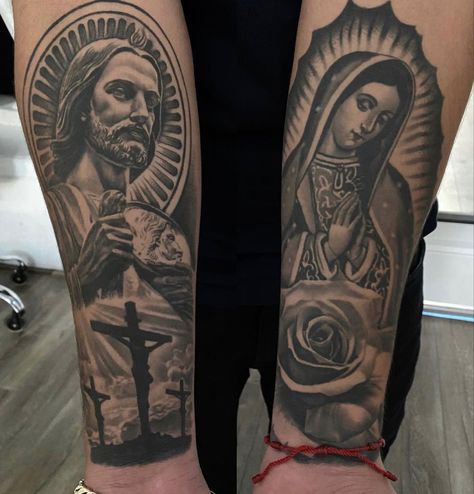 Virgencita Tattoo Men, Forearm Tattoo Sleeve Stencil, Virgen Mary Tattoo For Women Sleeve, Virgen Mary Tattoos, Tattoo Ideas Virgin Mary, San Judas And Virgen Tattoo, Virgin Mary And San Judas Tattoo, Tattoo Ideas San Judas, San Judas And Virgen Tattoo Together