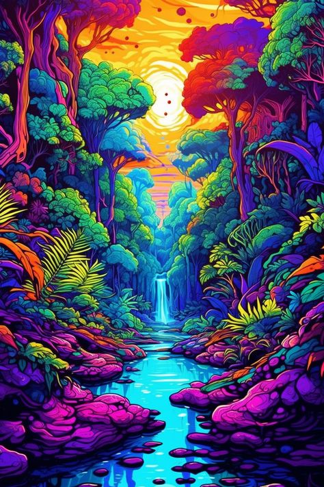 Colourful Fantasy Art, High Art Trippy, Trippy Fantasy Art, Vibrant Art Aesthetic, Colorful Landscape Art, Bright Trippy Wallpaper, Phsycadellic Art Trippy, Phycadellic Art, Trippy Scenery