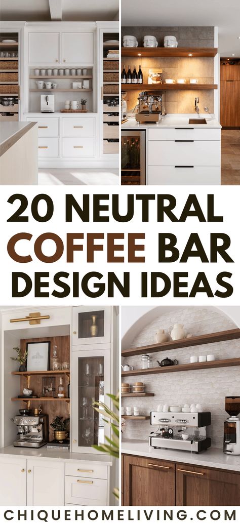 Discover the beauty of simplicity with our collection of 20 Neutral Coffee Bar Design Ideas! ☕🌿 Embrace the elegance of neutrals in your at-home coffee haven, from serene whites to warm greys and natural tones. These designs showcase the power of understated sophistication, combining functionality with a touch of minimalist charm. Explore stylish layouts, clever storage solutions, and chic decor that create a cozy and inviting coffee corner. #NeutralCoffeeBar Build In Coffee Station, Kitchens With Coffee Stations, Coffee Corners In Kitchen, Modern Coffee Bar Ideas Home, Coffee Bar With Arch, Coffee Section Kitchen, Built In Coffee Bar Ideas Kitchen Modern, White Coffee Bar Ideas, Coffee Pantry Ideas