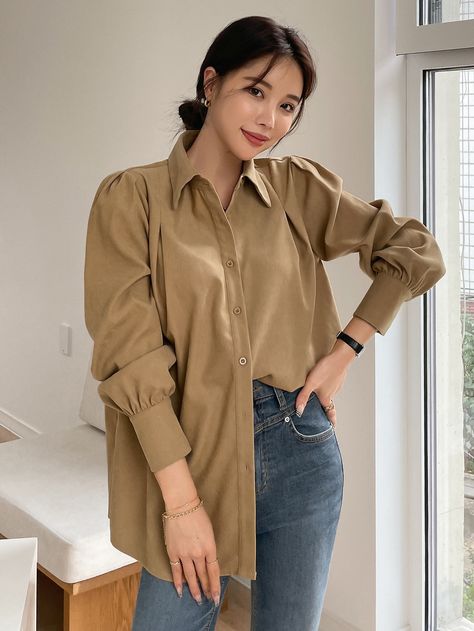 Sleeve Shirt Outfit, Camel Shirt, Woman Suit, Brown Blouse, Dress Idea, Woman Suit Fashion, Plain Shirt, Modest Wear, Plain Shirts