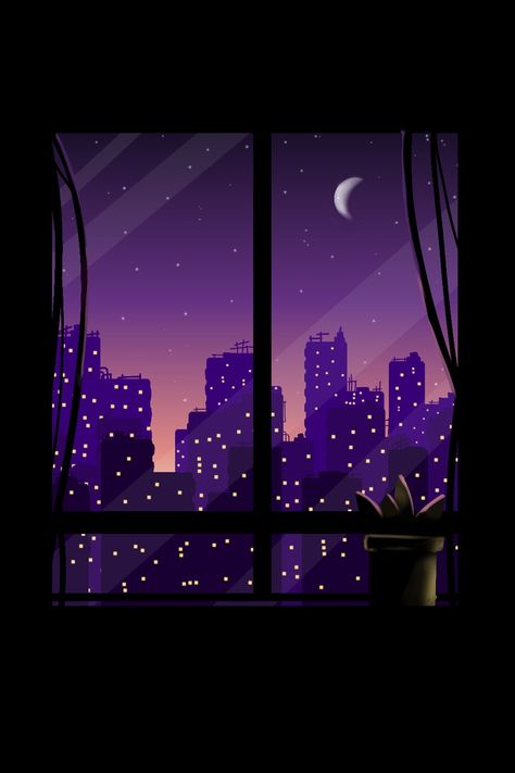 View Through Window Drawing, Purple Sky Drawing, Night View From Window, City At Night Drawing, Window View Illustration, Night View Painting, Night Scenery Painting, Windows 10 Wallpapers, Purple Scenery