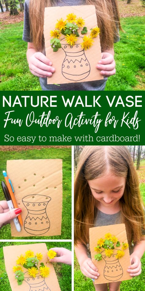 Nature Walk Cardboard Vase Activity that is so fun and easy to make with your kids. If you have cardboard on hand, this diy is free to make. #passion4savings #diy #activity #cardboard #nature #hike #naturewalk #fun #summer #spring #flowers #dandelions Nature Walk Cardboard Vase, Cardboard Dandelion Vase, Spring Camp Activities, Dandelion Cardboard Craft, Children Summer Activities, Spring Kid Activities, Cardboard Nature Crafts, Spring Diy For Kids, Cardboard Flower Vase Nature Walk