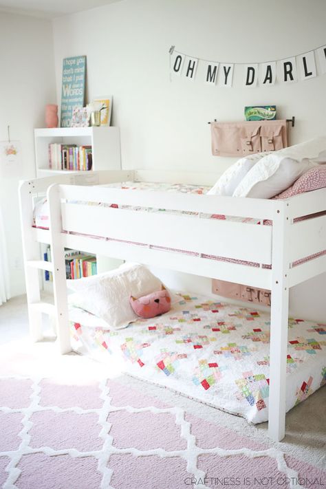 My girls are 9 and 5 years old now and they have shared a room for about 2 years now.  I have had dreams of making a really cute girly room but it keeps getting put on the back burner.  You know, because having a baby, moving a few states away, and then a trillion … Girly Furniture, Shared Girls Room, Modern Bunk Beds, Shared Girls Bedroom, Organic Furniture, Space Bedding, Shared Bedroom, Shared Room