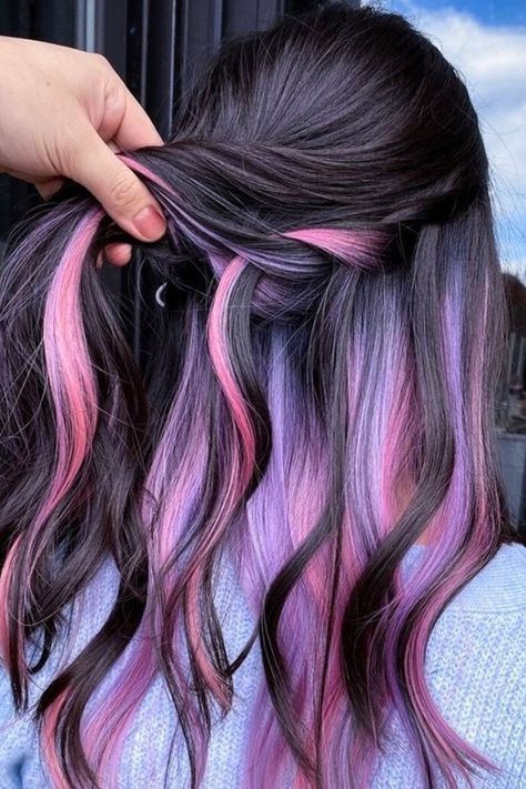 45 Pink Hair Color Ideas – Fashion Trend Hacks Brown Hair With Pink And Purple Highlights, Fun Hair Color Ideas For Brunettes Pink, Dark Pink And Purple Hair, Pink Hair Highlights On Black Hair, Pink And Purple Highlights In Brown Hair, Black And Pink Hair Ideas, Putple Hair, Black Hair With Pink Highlights, Pink And Purple Highlights