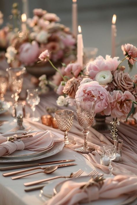 Blush Pink Table Setting Wedding, Light Pink And Beige Wedding, Beige Pink Wedding Theme, White And Soft Pink Wedding, Champagne Pink Wedding Theme, Pink And Beige Wedding Theme, Dusky Pink Wedding Theme, Bridgerton Wedding Ideas, Muave Aesthetic Wedding