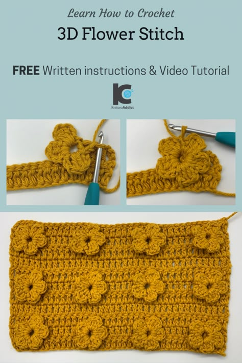 Flower Stitch Crochet Pattern, Flower Stitch Pattern, Crochet Stitch Swatches, Daisy Crochet Stitch, X Stitch Crochet, Crochet Flower Stitches, Flower Crochet Stitches, 3d Crochet Stitch, Crochet Stitches Flower