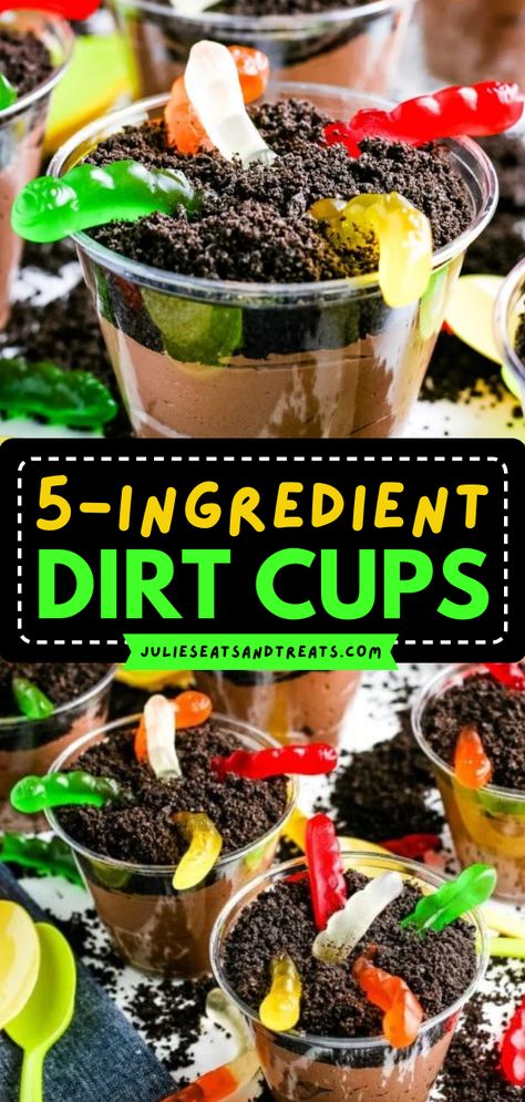 Need an easy dessert recipe for kids and adults? Learn how to make Dirt Cups! They're a simple sweet treat. Layered with chocolate pudding and topped with gummy worms, these Oreo dirt cups are so fun and cute! Dirt Pudding Recipes, Dirt Recipe, Dirt Cups Recipe, Dirt Dessert, Dirt Cake Recipes, Dirt Pudding, Halloween Deserts, Oreo Dirt, Dirt Cups