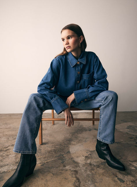 Double Denim Editorial, Denim Campaign Editorial, Photoshoot For Clothes, Ss24 Street Style, Denim Outfit Photoshoot, All Denim Outfits For Women, Denim On Demin, Martha Stewart Fall, Denim Moodboard