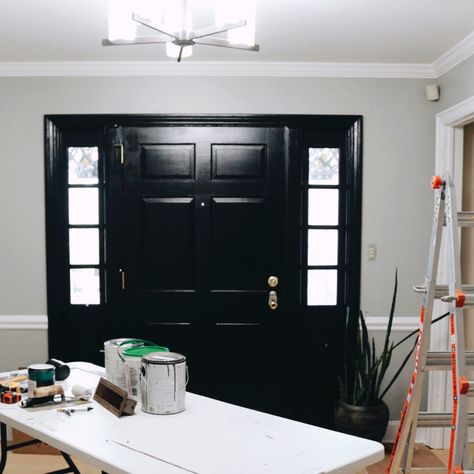 Black Interior Front Door Entry Ways, Black Front Door Interior Entryway, Painting Interior Front Door, Interior Front Door Black, Painting Front Door Black, Black Interior Front Door, Black Front Door Interior, Front Doors Painted Black, Restoration Hardware Diy