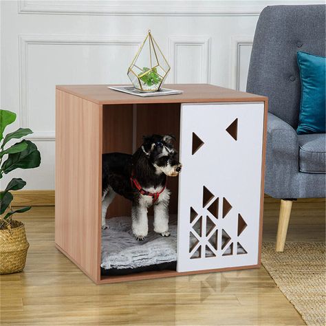 Dog Crate Nightstand - Ideas on Foter Dog Crate Nightstand, Puppy Apartment, Modern Wood Bed, Crate Nightstand, Dog Crate End Table, Modern Dog Houses, Indoor Dog Kennel, Diy Pet Bed, Crate End Tables