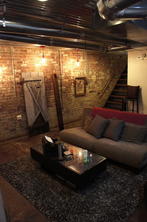 Like the exposed pipes (height added), brick wall and sliding barn door for the basement. Industrial Ideas, Industrial Basement, Basement Inspiration, Cozy Basement, Diy Basement, Basement Bedroom, Basement Apartment, Small Basements, Basement Makeover