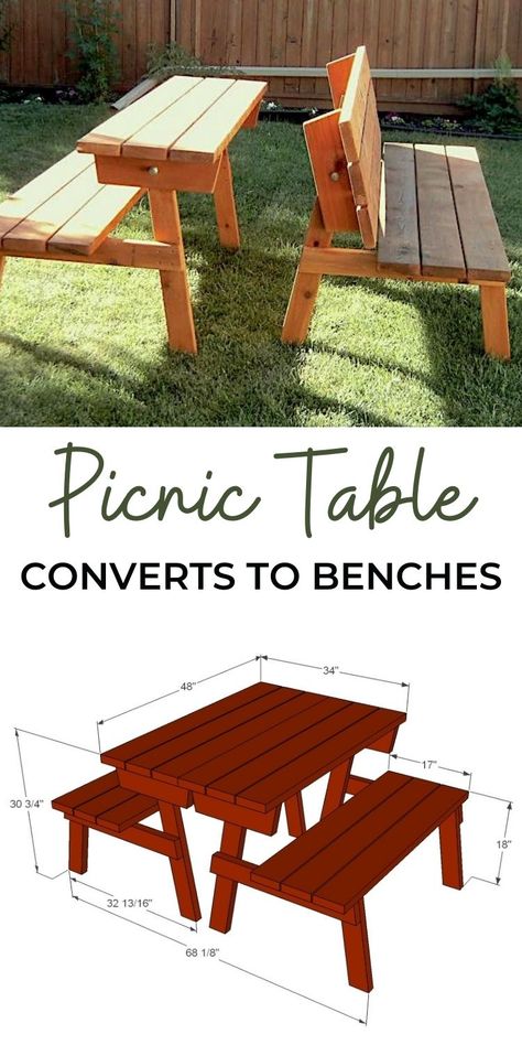 Outdoor Table Bench Diy, Picnic Table To Bench Plans, Bench Converts To Picnic Table, Convert A Bench Picnic Tables, Outside Picnic Table Ideas, Folding Bench Table, Trex Deck Picnic Table, Bench To Picnic Table Diy, Convertible Picnic Table