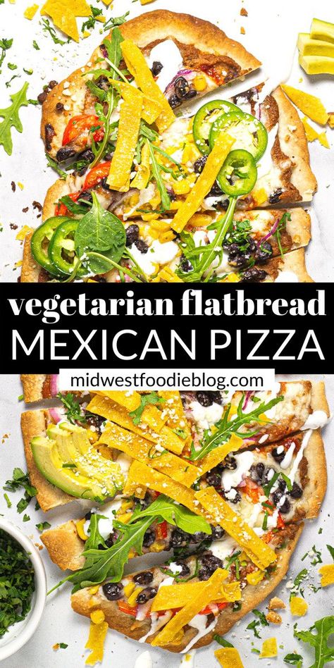 This 15-minute Flatbread Mexican Pizza is our family’s favorite for Taco Tuesday OR Friday pizza night! It’s got a crunchy homemade flatbread crust topped with refried beans, taco sauce, black beans, veggies, and plenty of cheese! Top with avocado and tortilla strips for an epic vegetarian meal your family will love! Mexican Flatbread Pizza, Mexican Flatbread, Homemade Flatbread Recipes, Vegetarian Flatbread, Veggie Flatbread, Traditional Refried Beans, Homemade Flatbread, Tortilla Strips, Pizza Dinner