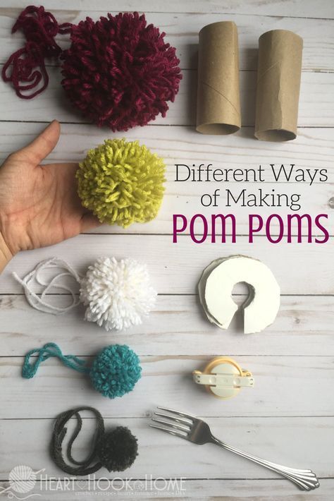 Different Methods of Making Pom Poms http://hearthookhome.com/different-methods-making-pom-poms/?utm_campaign=coschedule&utm_source=pinterest&utm_medium=Ashlea%20K%20-%20Heart%2C%20Hook%2C%20Home&utm_content=Different%20Methods%20of%20Making%20Pom%20Poms Making Pom Poms, Pompon Diy, Diy Pom Poms, Pom Pom Rug, How To Make A Pom Pom, Diy Pom Pom, Yarn Pom Pom, Pom Pom Crafts, Diy Hacks