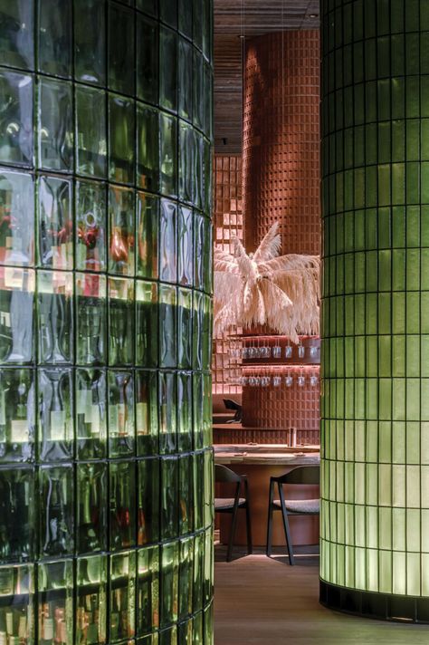 Inside a Bucolic Restaurant in Ukraine's Emily Hotel Concept Restaurant, Exterior Tiles, Maximalist Design, Glass Brick, Glazed Tiles, Restaurant Concept, Glass Walls, Glass Tiles, Hotel Interior