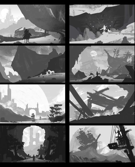 composition study #1 #2, taehoon kang on ArtStation at https://www.artstation.com/artwork/4KkZL Composition Environment, Landscape Thumbnails, Painting Fundamentals, Composition Tutorial, Ron Cobb, Composition Study, Concept Art Landscape, Concept Art Portfolio, Value Painting