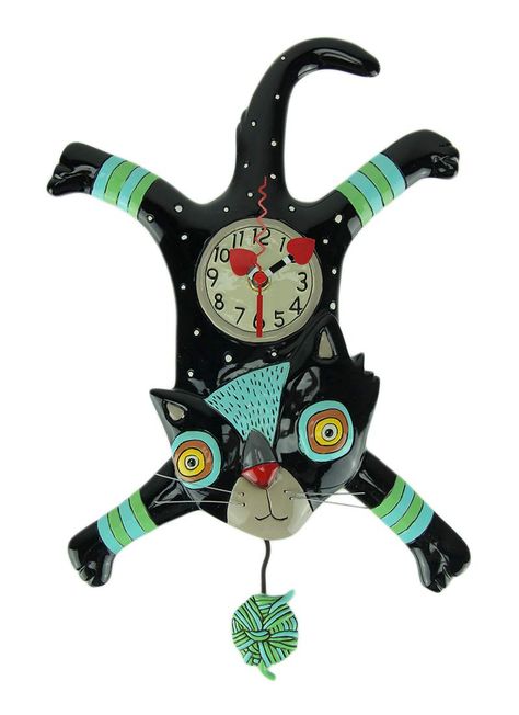 Attack Cat Whimsical Kitten Yarn Ball Pendulum Wall Clock Funny Cat Clocks | Home Pendulum Wall Clock, Cat Clock, Pendulum Clock, Ball Of Yarn, Whimsical Home, Whimsical Cats, Room Stuff, Yarn Ball, Cute Room