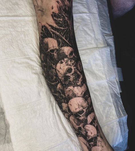 Tattoo Sleeve Women Skull, Alt Forearm Tattoos, Memento Mori Tattoo Sleeve, Skull On Shoulder Tattoo, Dark Art Tattoo Ideas Sleeve, Graveyard Sleeve Tattoo, Goth Half Sleeve Tattoo, Gothic Male Tattoos, Dark Tattoo Idea