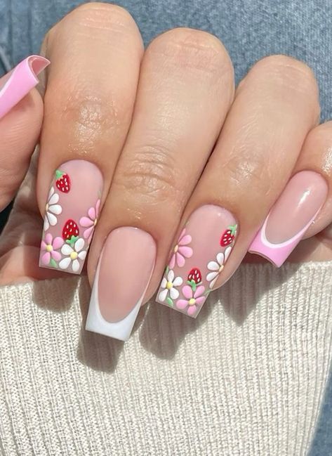 Pink Accent Nail Ideas, Summer Nail Flower Designs, Strawberry Nails Designs Summer, Strawberry Nails Square, Summer Strawberry Nails, Girly Acrylic Nails Summer, Long Square Nails Design Ideas Summer, Flower Manicure Designs, Flower Nails With Rhinestones