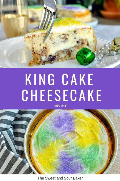 King Cake Cheesecake — The Sweet & Sour Baker King Cake Truffles, King Cake Sheet Cake, Mini King Cake Recipe, King Cake Birthday Cake, King Cake Poke Cake, King Cake Desserts, Mardi Gras Cheesecake, King Cake With Cream Cheese Filling, King Cake Cookies